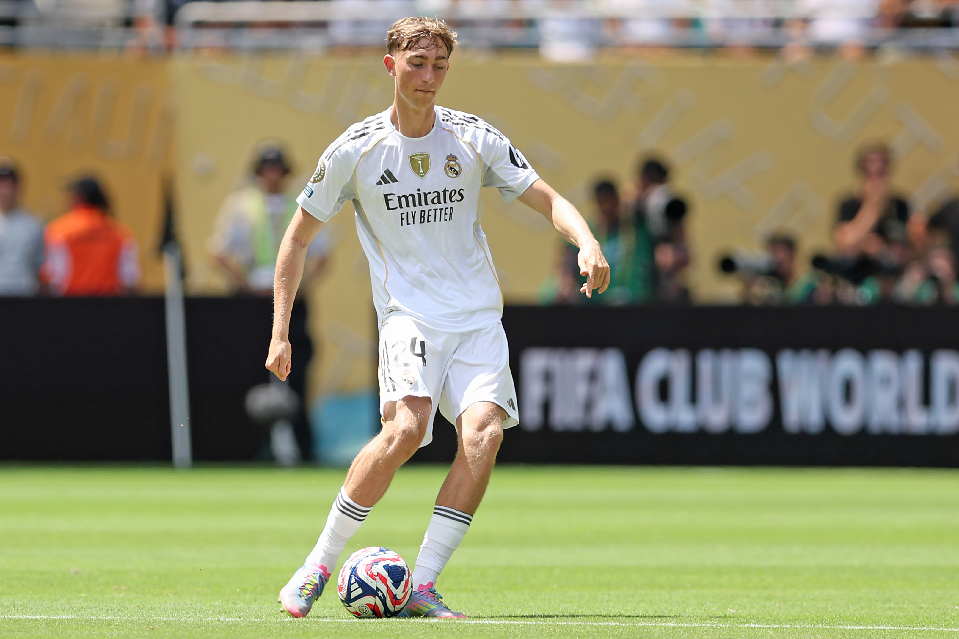 MIAMI GARDENS, FLORIDA - JUNE 18: Dean Huijsen #24 of Real Madrid C.F. controls the ball during the FIFA Club World Cup 2025 group H match between Real Madrid CF and Al Hilal at Hard Rock Stadium on June 18, 2025 in Miami Gardens, Florida.