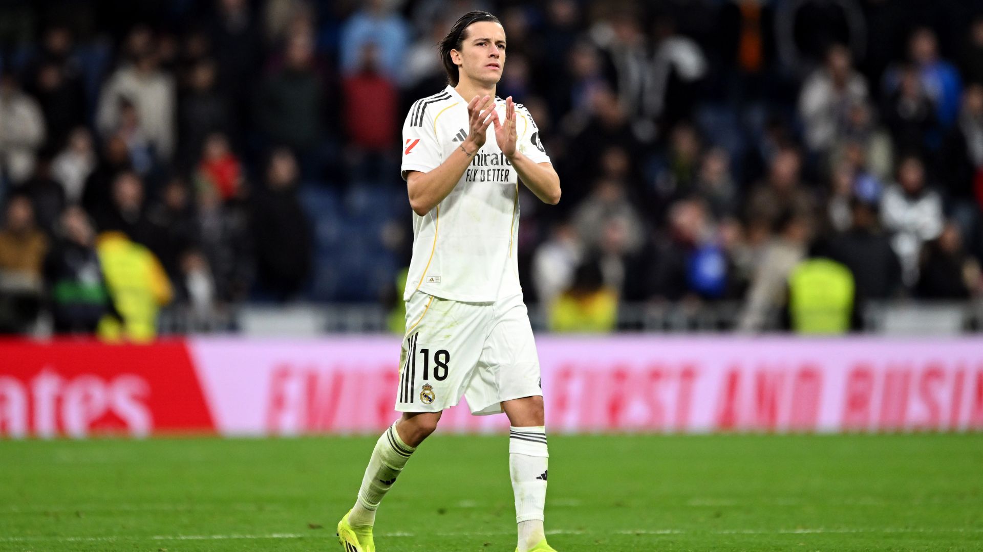 Alvaro Carreras of Real Madrid applauds the fans after victory in the LaLiga EA Sports match between Real Madrid CF and Levante UD at Estadio Santiago Bernabeu on January 17, 2026 in Madrid, Spain.