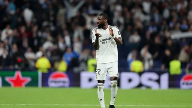 Antonio Ruediger of Real Madridacknowledges the fan after the UEFA Champions League 2025/26 Round of 16 First Leg match between Real Madrid CF and Manchester City FC at Estadio Santiago Bernabeu on March 11, 2026 in Madrid, Spain.