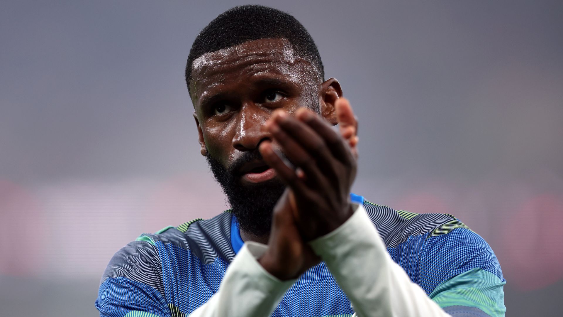 Antonio Ruediger of Real Madrid applauds prior to the Spanish Super Cup Semi-Final match between Real Madrid and Atletico Madrid at King Abdullah Sports City Hall Stadium on January 08, 2026 in Jeddah, Saudi Arabia.