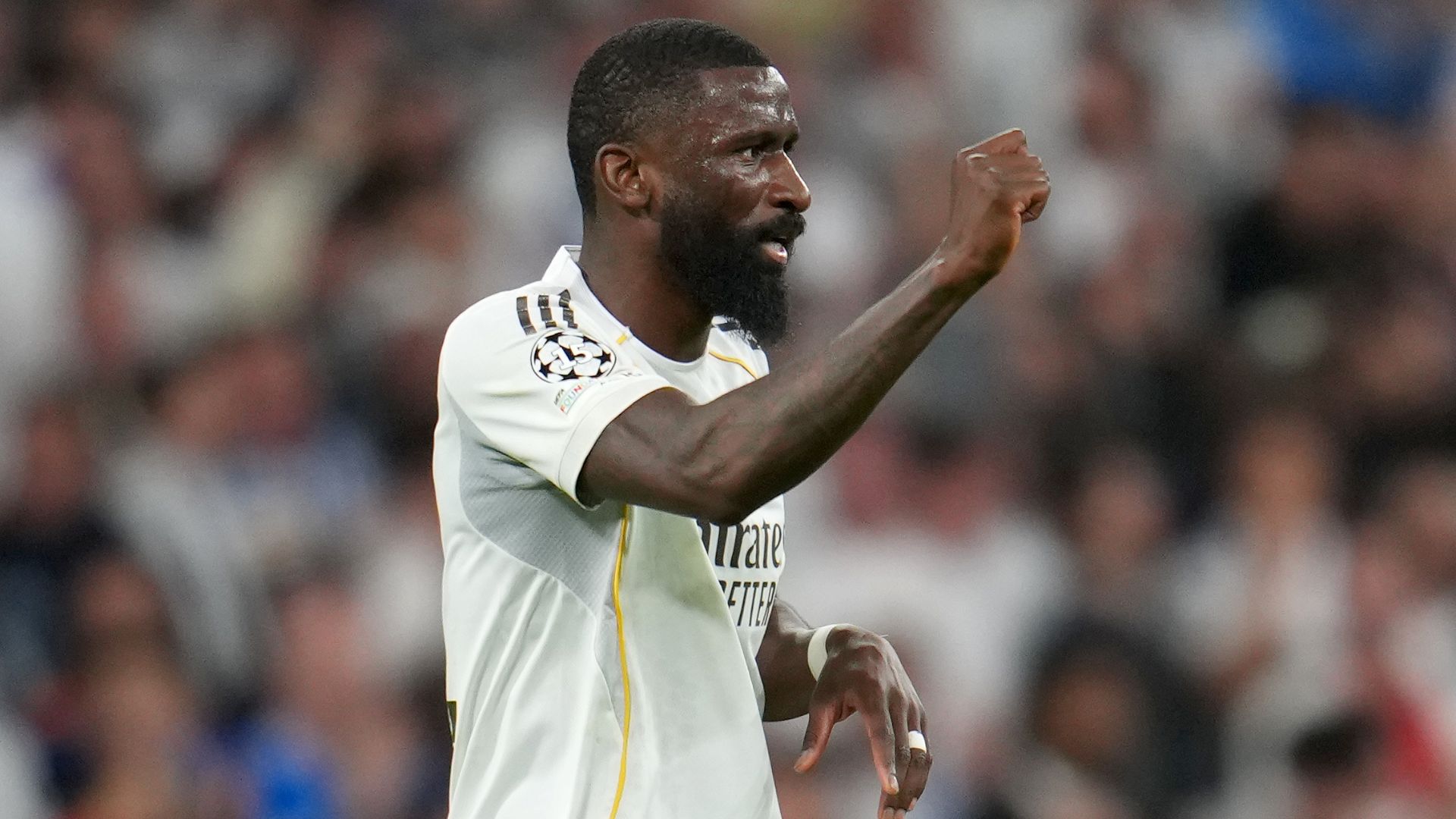 Antonio Ruediger of Real Madrid looks on during the UEFA Champions League 2025/26 Quarter-Final First Leg match between Real Madrid CF and FC Bayern München at Estadio Santiago Bernabeu on April 07, 2026 in Madrid, Spain.