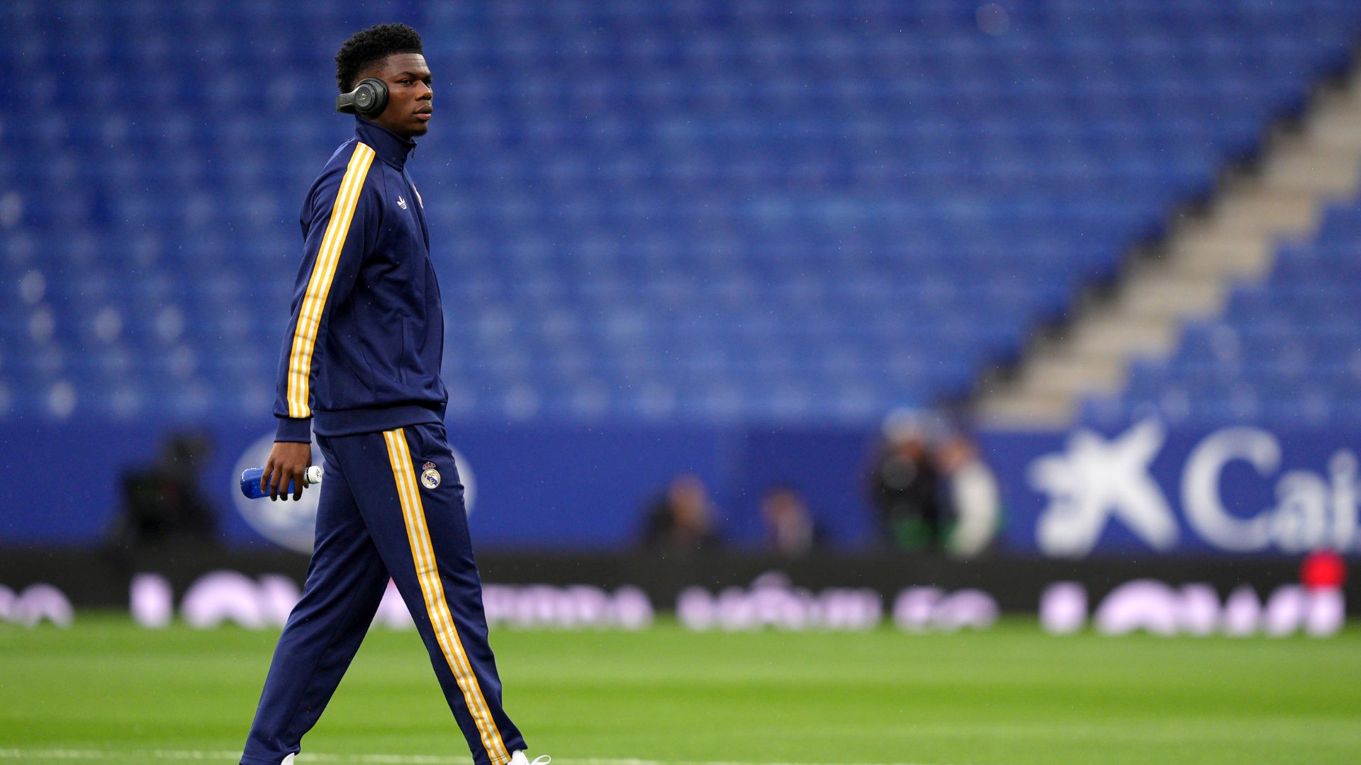 Aurelien Tchouameni of Real Madrid inspects the pitch prior to the LaLiga EA Sports match between RCD Espanyol de Barcelona and Real Madrid CF at RCDE Stadium on May 03, 2026 in Barcelona, Spain.