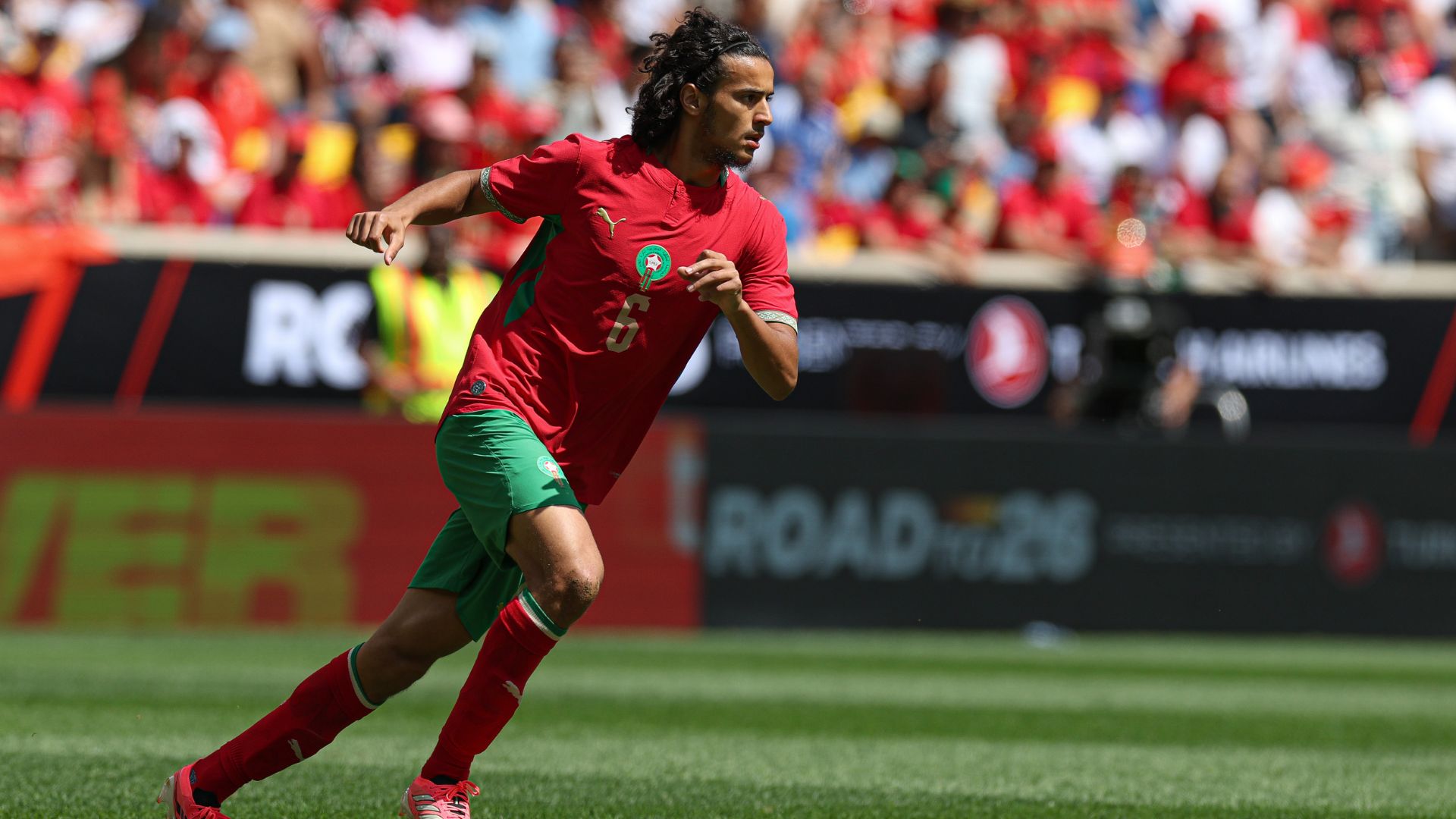 Ayyoub Bouaddi #6 of Morocco in action against Norway during the international friendly match at Sports Illustrated Stadium on June 7, 2026 in Harrison, New Jersey.