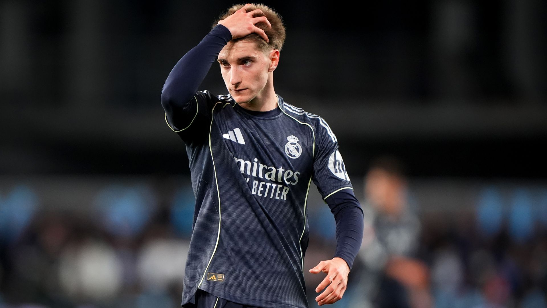 Cesar Palacios of Real Madrid looks on during the LaLiga EA Sports match between RC Celta de Vigo and Real Madrid CF at Estadio Abanca-Balaidos on March 06, 2026 in Vigo, Spain.