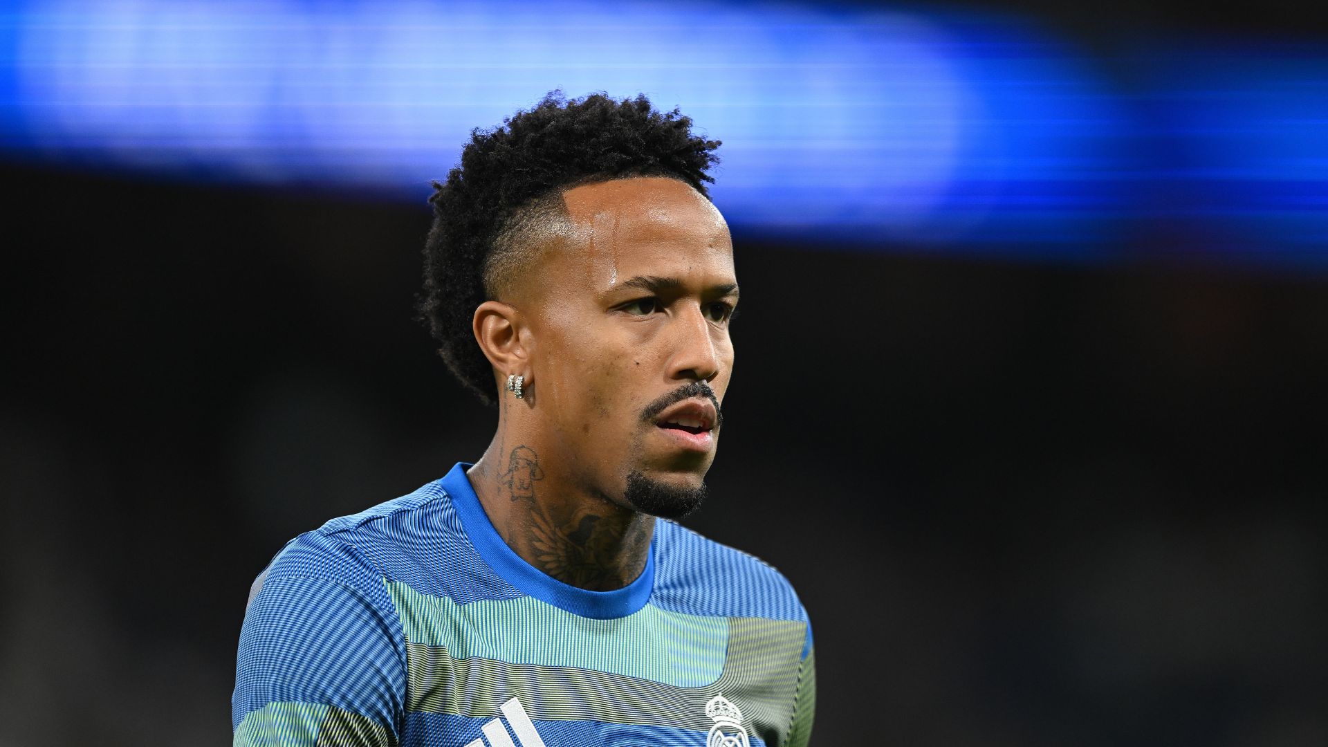 Eder Militao of Real Madrid looks on during the warm-up session before the LaLiga EA Sports match between Real Madrid CF and Deportivo Alaves at Estadio Santiago Bernabeu on April 21, 2026 in Madrid, Spain.