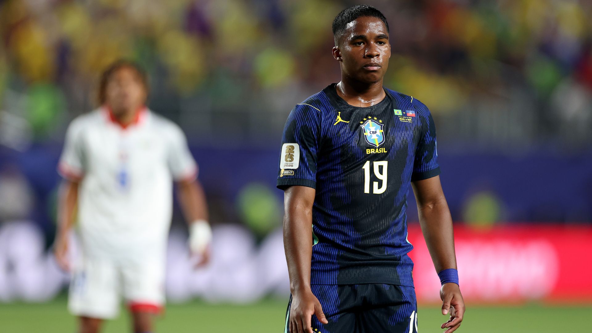Endrick #19 of Brazil looks on during the FIFA World Cup 2026 Group C match between Brazil and Haiti at Philadelphia Stadium on June 19, 2026 in Philadelphia, Pennsylvania.