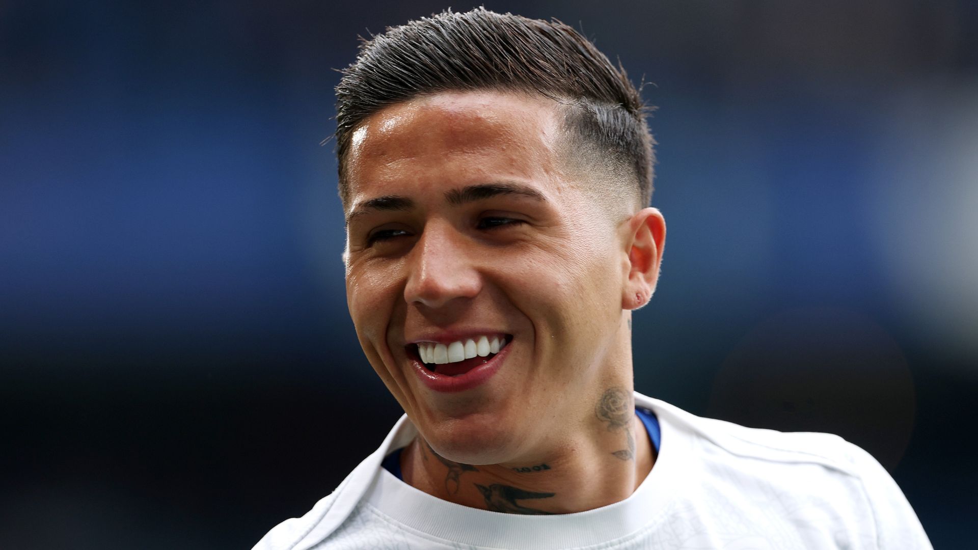 Enzo Fernandez of Chelsea smiles during warm ups prior to the Premier League match between Chelsea and Nottingham Forest at Stamford Bridge on May 04, 2026 in London, England.