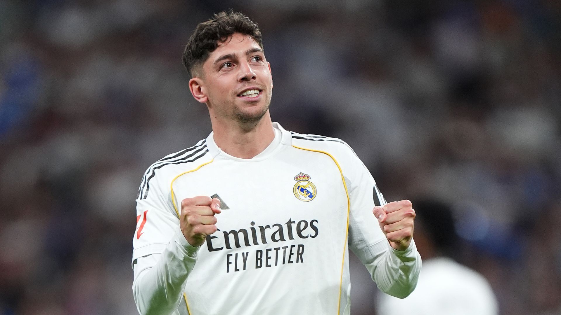 Federico Valverde of Real Madrid celebrates scoring his team's first goal during the LaLiga EA Sports match between Real Madrid CF and Girona FC at Estadio Santiago Bernabeu on April 10, 2026 in Madrid, Spain.