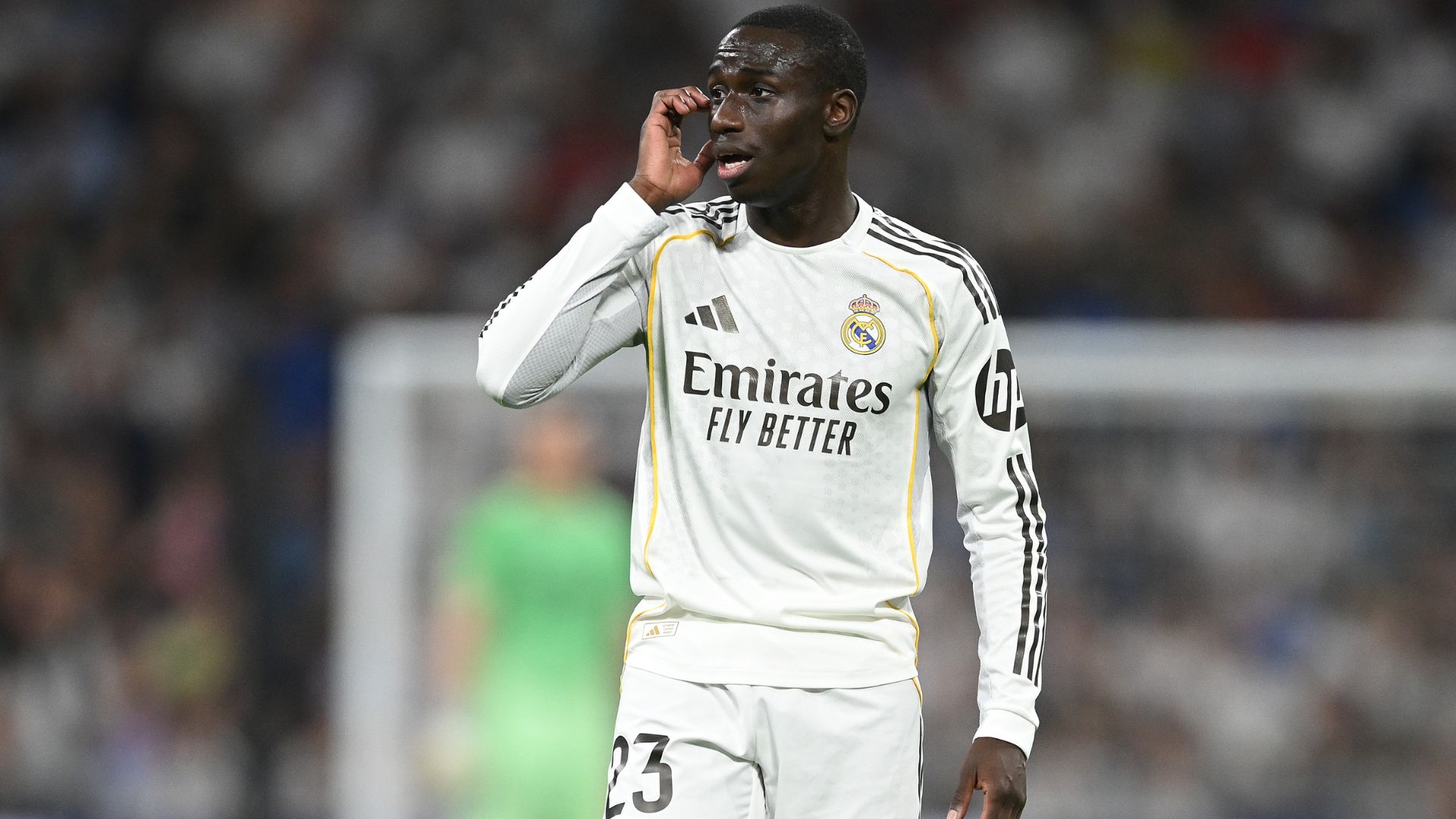 Ferland Mendy of Real Madridreacts during the LaLiga EA Sports match between Real Madrid CF and Girona FC at Estadio Santiago Bernabeu on April 10, 2026 in Madrid, Spain.
