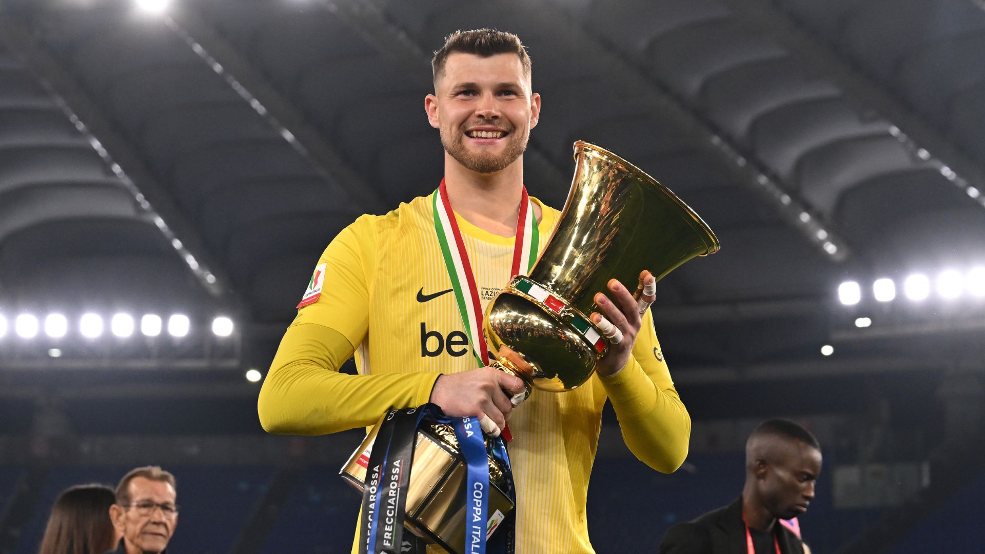 Josep Martinez of FC Internazionale Milano poses for a photo with the Coppa Italia trophy following the team's victory in the Coppa Italia Final match between SS Lazio and FC Internazionale at Stadio Olimpico on May 13, 2026 in Rome, Italy.