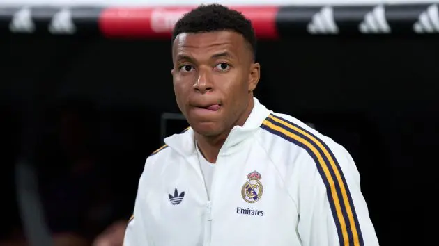 Kylian Mbappe of Real Madrid looks on prior to the LaLiga EA Sports match between Real Madrid CF and Athletic Club at Estadio Santiago Bernabeu on May 23, 2026 in Madrid, Spain.