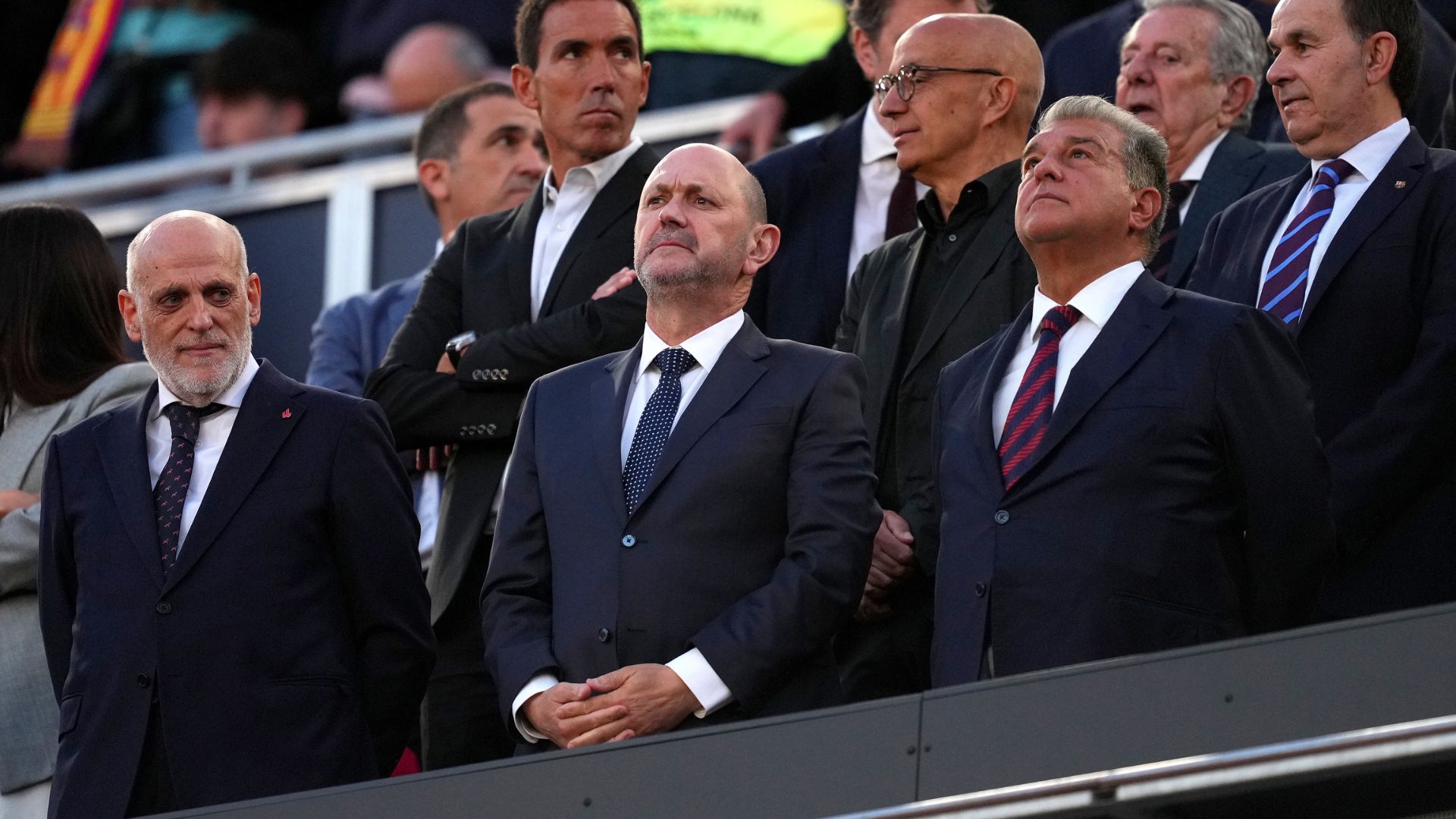 (L-R) President of LaLiga EA Sport Javier Tebas, President of the Spanish Football Association RFEF Rafael Louzan and President Elected of FC Barcelona Joan Laporta look on prior to the LaLiga EA Sports match between FC Barcelona and Real Madrid CF at Spotify Camp Nou on May 10, 2026 in Barcelona, Spain.