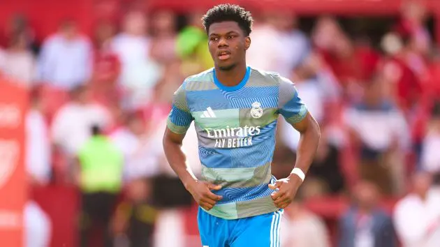 Aurelien Tchouameni of Real Madrid warms up during the LaLiga EA Sports match between Sevilla FC and Real Madrid CF at Estadio Ramon Sanchez Pizjuan on May 17, 2026 in Seville, Spain.