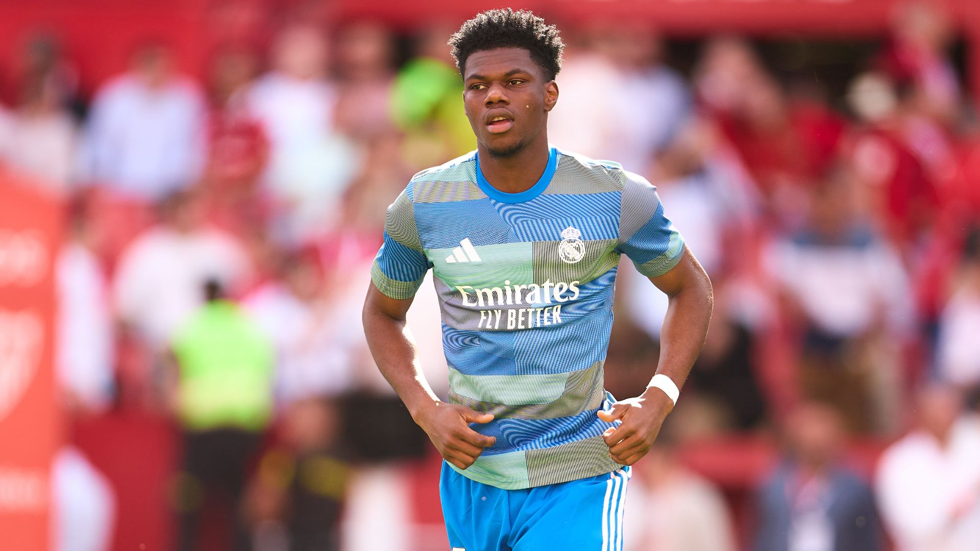 Aurelien Tchouameni of Real Madrid warms up during the LaLiga EA Sports match between Sevilla FC and Real Madrid CF at Estadio Ramon Sanchez Pizjuan on May 17, 2026 in Seville, Spain.