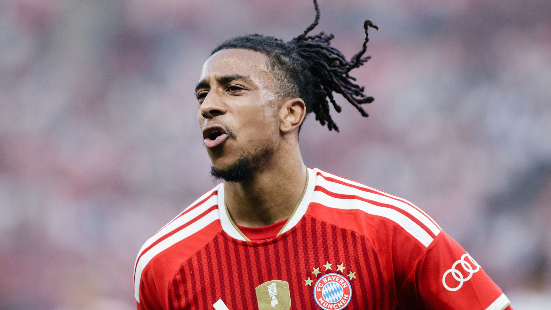Michael Olise of Bayern München looks on during the DFB Cup Final 2026 match between FC Bayern München and VfB Stuttgart at Olympiastadion on May 23, 2026 in Berlin, Germany.