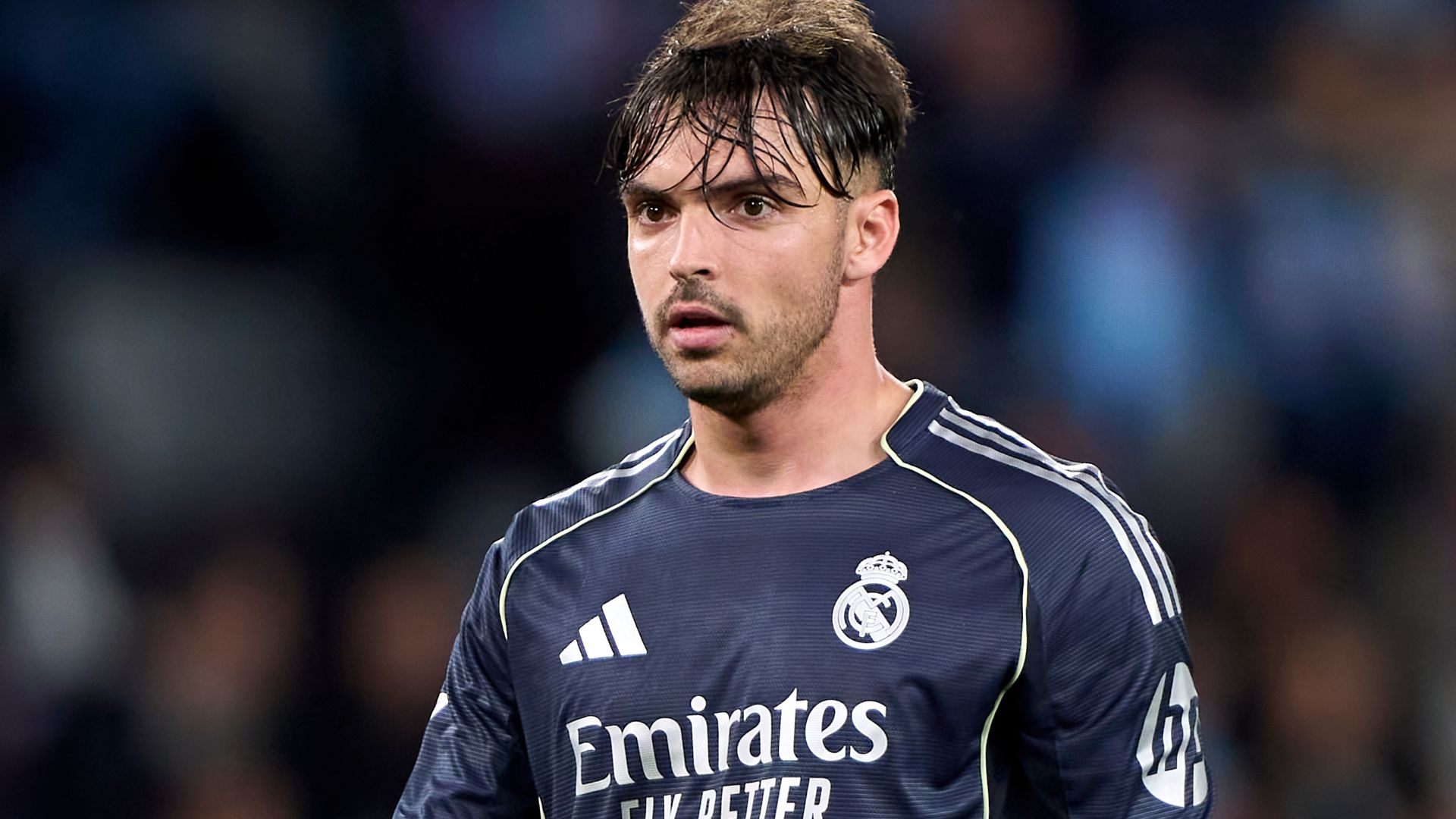 Raul Asencio of Real Madrid CF looks on during the LaLiga EA Sports match between RC Celta de Vigo and Real Madrid CF at Estadio Abanca-Balaidos on March 06, 2026 in Vigo, Spain.