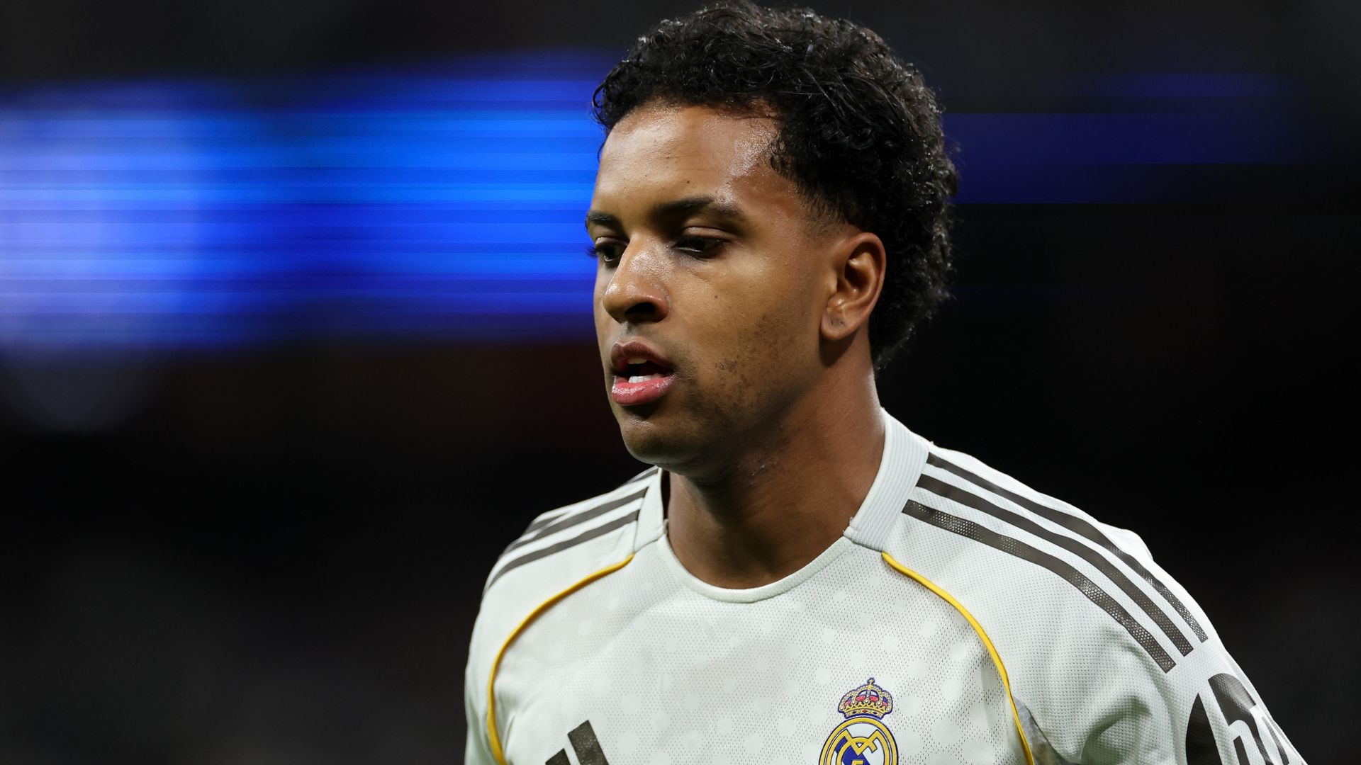 Rodrygo of Real Madridlooks on during the LaLiga EA Sports match between Real Madrid CF and Real Betis Balompie at Estadio Santiago Bernabeu on January 04, 2026 in Madrid, Spain.