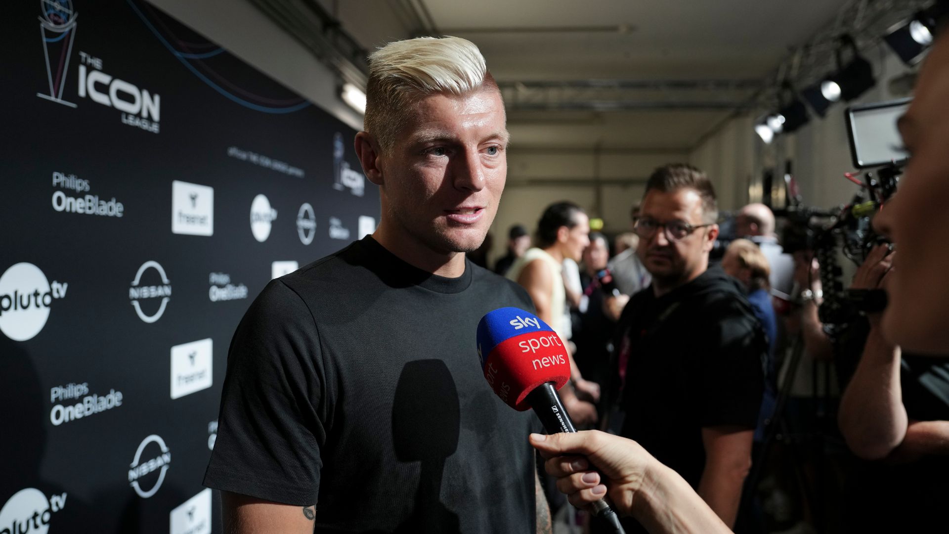 oni Kroos, German former football player, is interviewed by Sky News Sport Channel prior to the first matchday of the Icon League at Lanxess Arena on September 01, 2024 in Cologne, Germany. The Icon League, was founded in November last year. The aim of the small-sided indoor soccer league is to maximise the highlights of the game and create an innovative football spectacle.