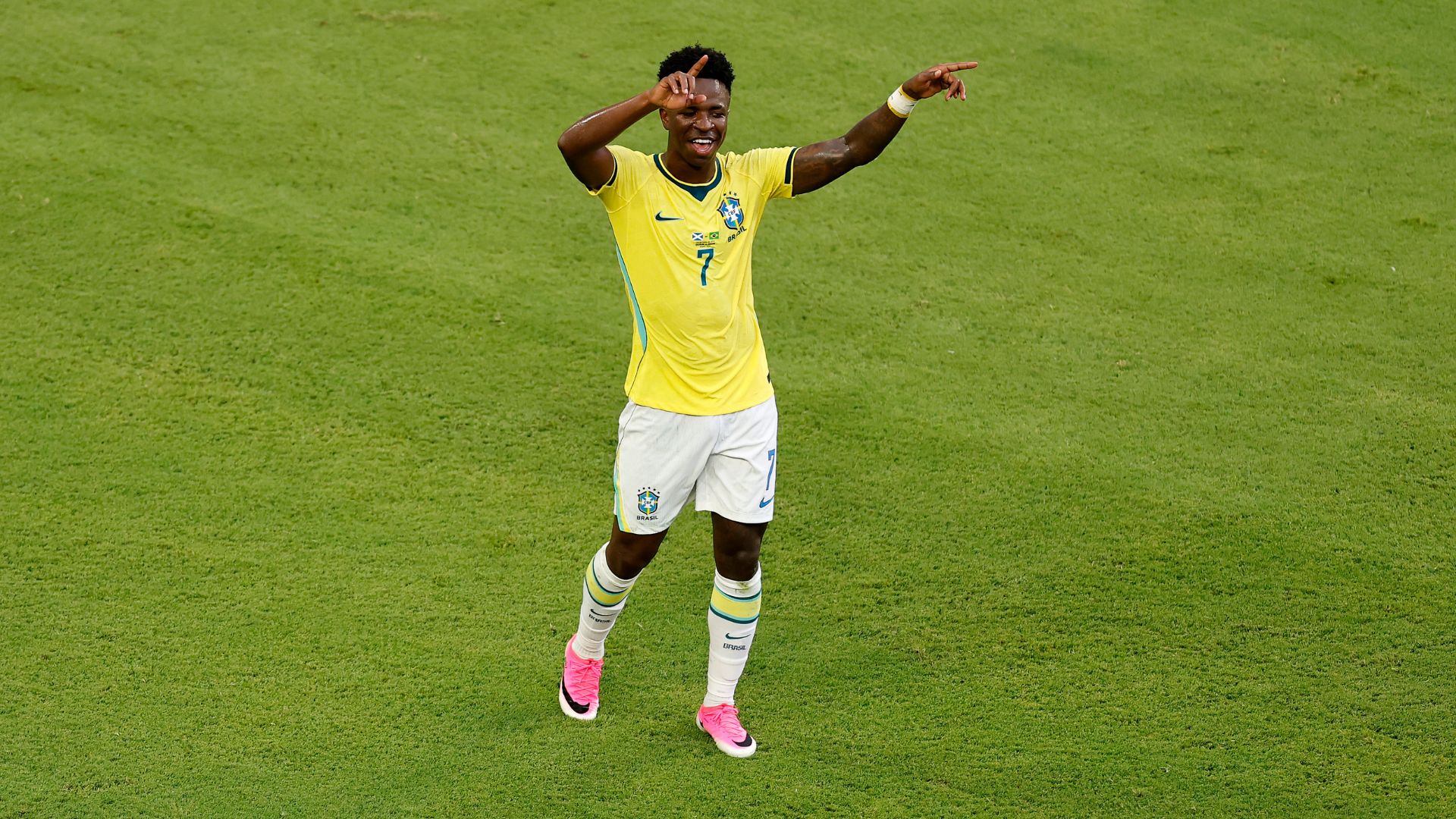 Vinicius Junior #7 of Brazil celebrates scoring his team's second goal during the FIFA World Cup 2026 Group C match between Scotland and Brazil at Miami Stadium on June 24, 2026 in Miami Gardens, Florida.