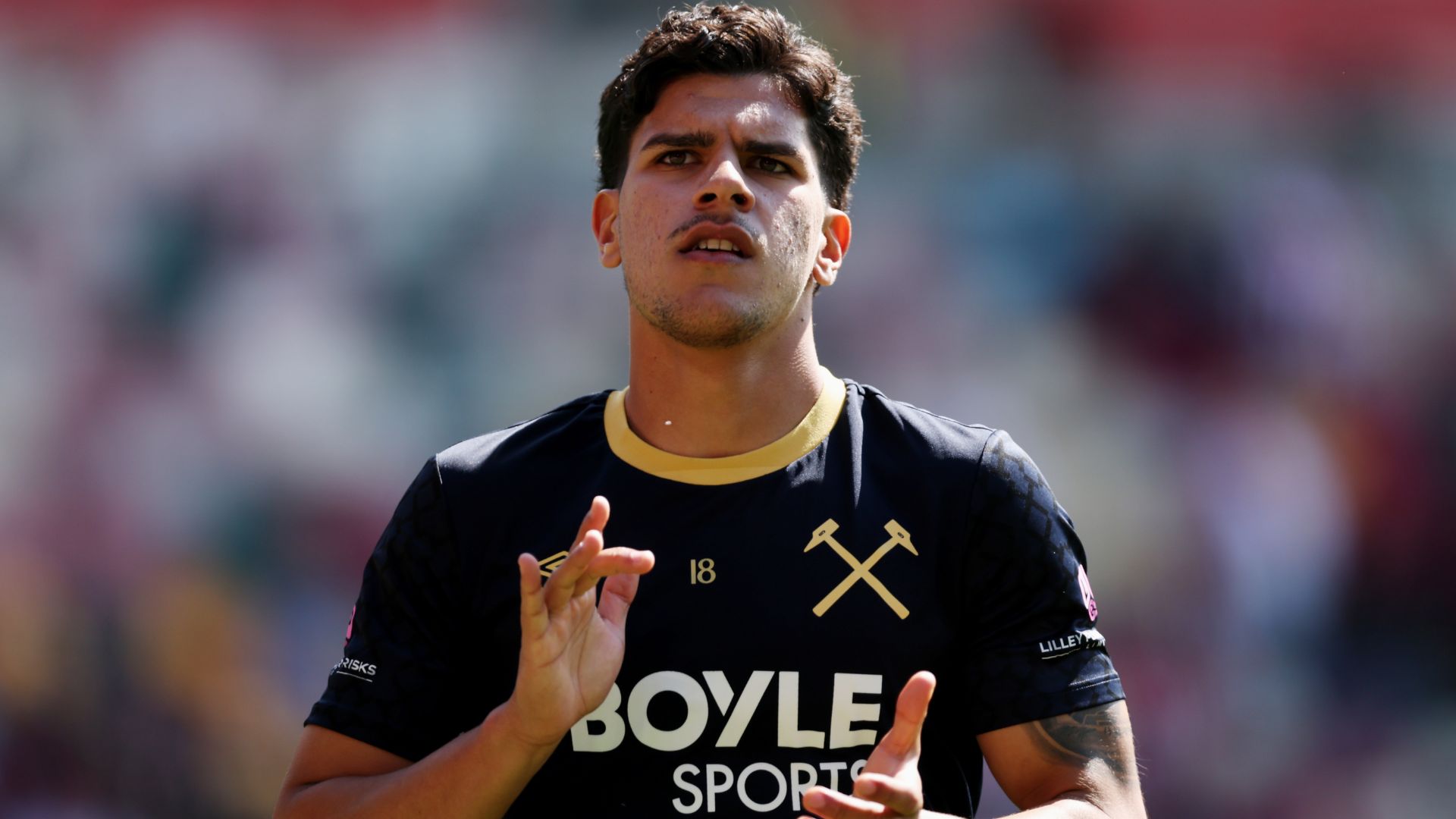 Mateus Fernandes of West Ham United warms up prior to the Premier League match between Brentford and West Ham United at Gtech Community Stadium on May 02, 2026 in Brentford, England.