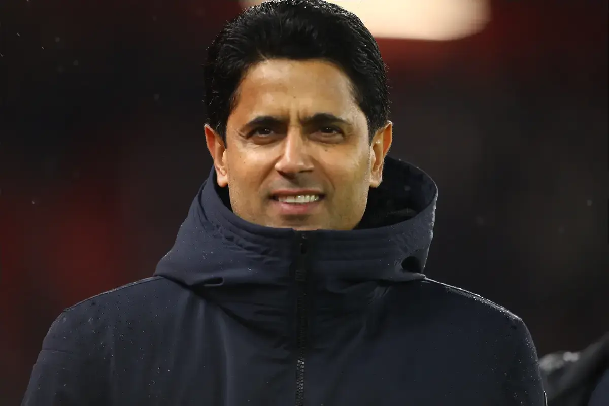 April 14, 2026, Liverpool, Merseyside, United Kingdom: PSG President NASSER AL-KHELAIFI celebrates winning in the UEFA Champions League 2025/26 Quarter-final Leg 2 game against Liverpool FC at the Anfield Stadium in Liverpool, England. PSG won this game 2:0 and reaches the Semi-final with a score of 4:0 on aggregate.