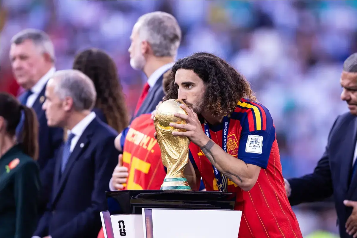 July 19, 2026, East Rutherford, New Jersey, USA: Marc Cucurella #24 of Spain kisses the FIFA World Cup trophy after the FIFA World Cup 2026 Final match between Spain and Argentina at New York New Jersey Stadium on July 19, 2026 in East Rutherford, USA.