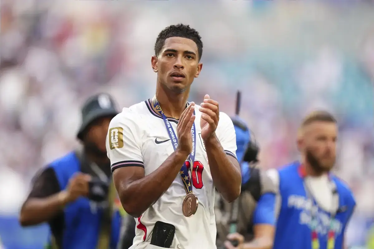 July 18, 2026, Miami Gardens, Florida, United States: Jude Bellingham of England celebrates the victory wearing the third place medal during the FIFA World Cup 2026 Bronze Medal Match match between France and England at Miami Stadium on July 18, 2026 in Miami Gardens, United States.