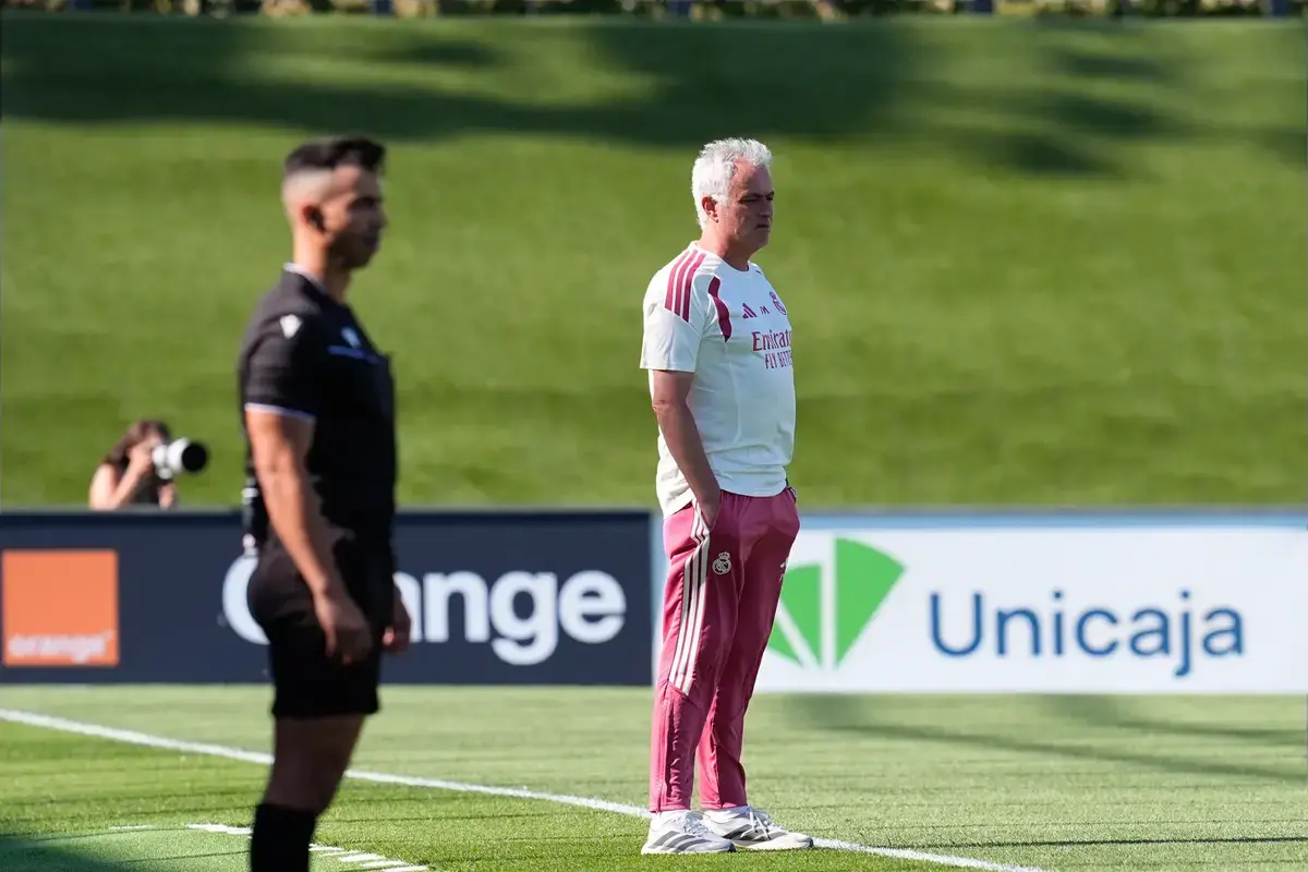 July 24, 2026, Valdebebas, Madrid, Spain: Jose Mourinho, head coach of Real Madrid, looks on during the Real Madrid training session held in collaboration with A.D. Alcorcon at Alfredo Di Stefano stadium on July 24, 2026, in Valdebebas, Madrid, Spain.
