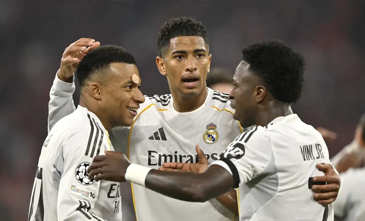 Cheers Joy Emotion Kylian Mbappé Real Madrid (10) Jude Bellingham Real Madrid (05) Vinicius Junior Real Madrid (07) Football UEFA Champions League CL Allianz Arena, Munich, Bavaria, Germany