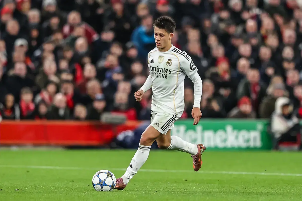 Arda Güler of Real Madrid during the UEFA Champions League Matchday 4 of 8 Liverpool vs Real Madrid at Anfield, Liverpool, United Kingdom, 4th November 2025.