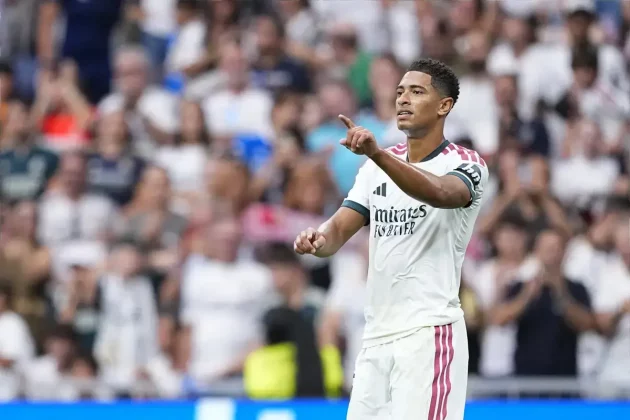 August 30, 2026, Madrid, Madrid, Spain: Jude Bellingham of Real Madrid CF celebrates after scoring his team's second goal during the Spanish League, LaLiga EA Sports, football match played between Real Madrid and Malaga CF at Bernabeu stadium on August 30, 2026, in Madrid, Spain.