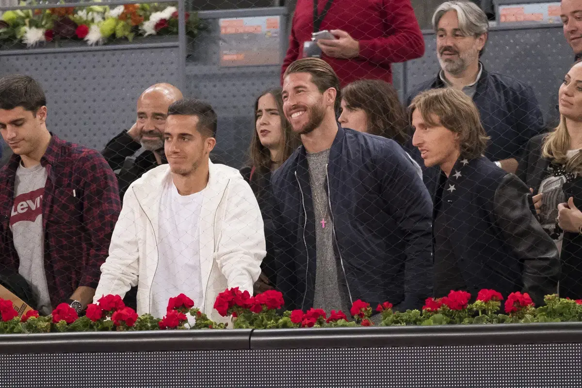 Real Madrid's Sergio Ramos attend to the quarter final match of the Mutua Madrid Open tennis tournament between Belgian David Goffin and Spanish Rafael Nadal played at Caja Magica Sport Complex in Madrid.