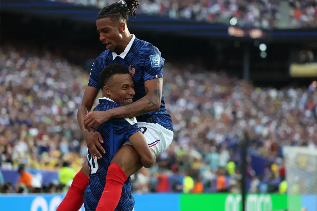 June 30, 2026, East Rutherford, New Jersey, USA: France forward Kylian Mbappe (10) and France forward Michael Olise (11) celebrate scoring a goal in the second half during the June 30th FIFA World Cup 2026 matchup between France and Sweden at MetLife Stadium in East Rutherford, New Jersey.